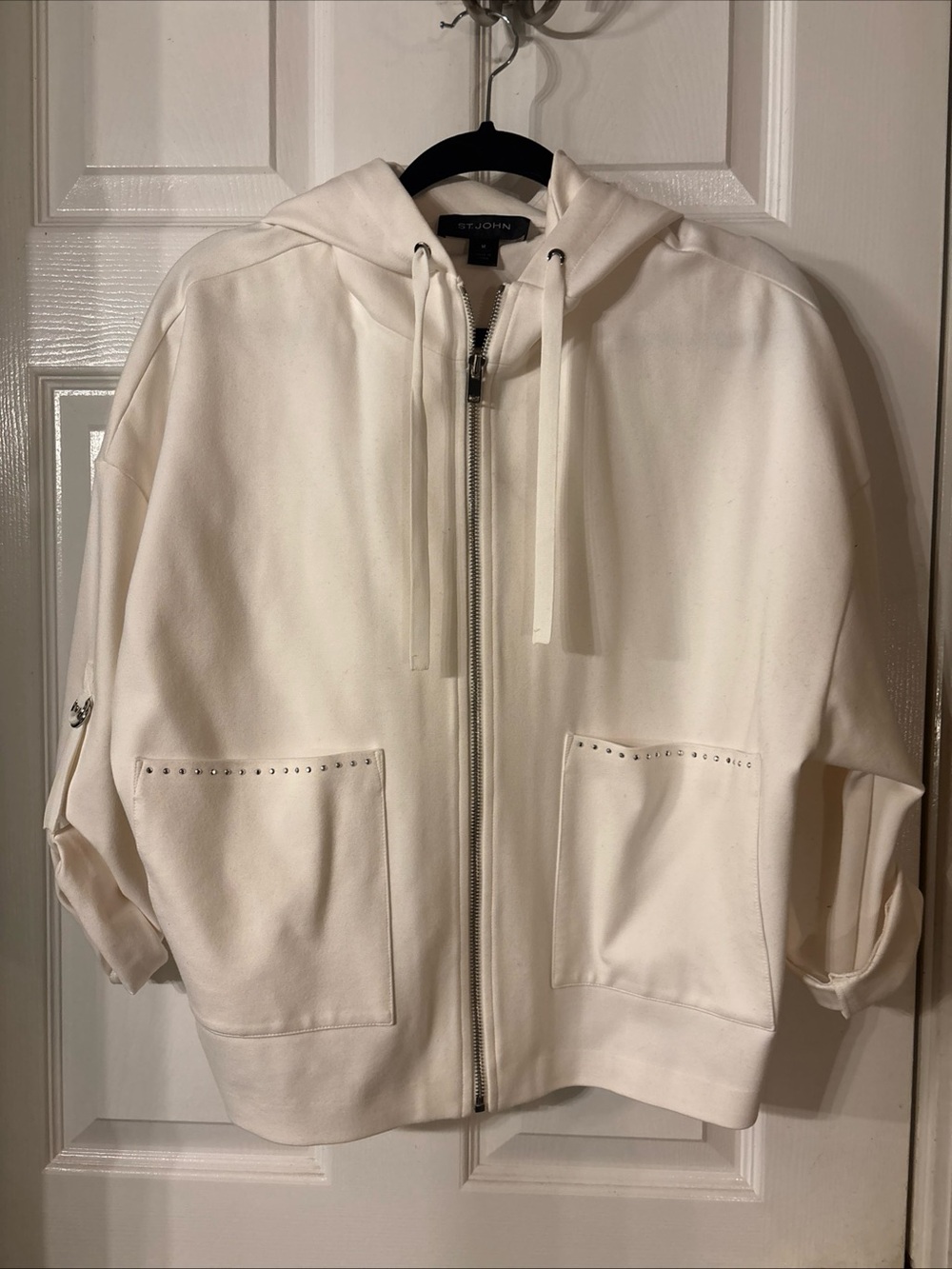 St. John Cream Zip-Front Hoodie with Stud Trim